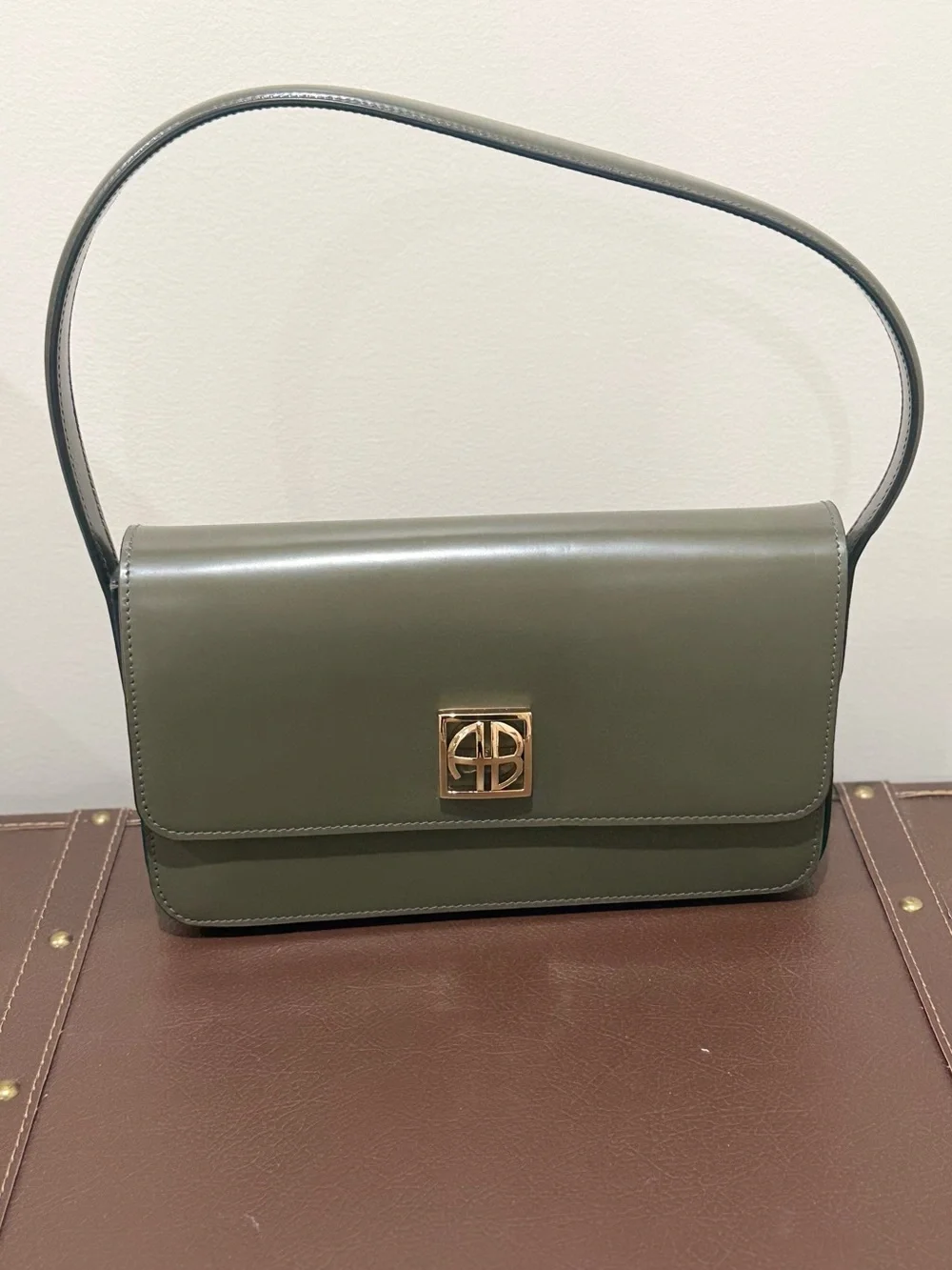 Anine Bing Olive Green Leather Shoulder Bag with Gold Logo